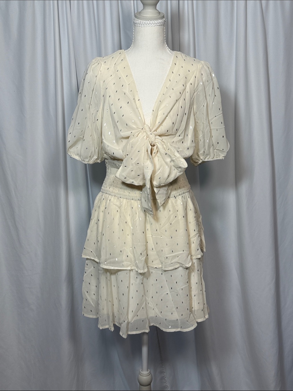 ANDREE BY UNIT Cream Tie-Front Tiered Mini Dress